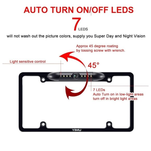 YIMU License Plate Frame Backup Camera HD Rear View Reverse Camera with 7 LED... - Picture 3 of 9